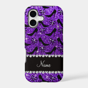 Custom name purple glitter black high heels bow iPhone 17 case