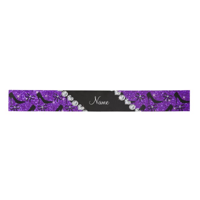 Custom name purple glitter black high heels bow satin ribbon (Front)