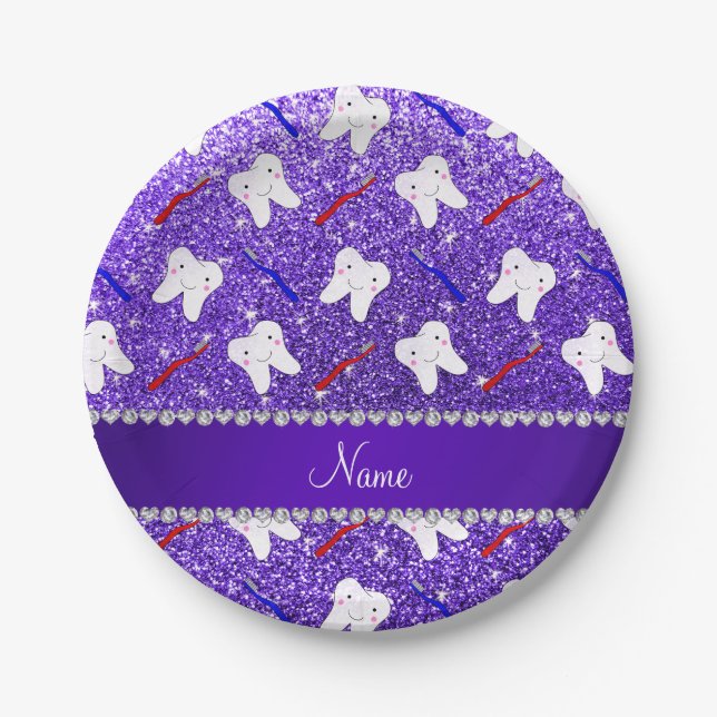 Custom name purple glitter brushes and tooth paper plates (Front)