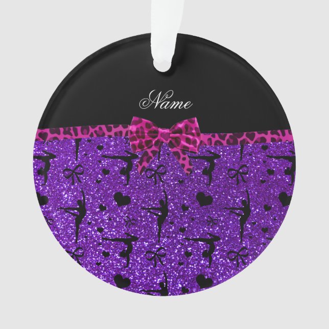 Custom name purple glitter gymnastics pink bow ornament (Front)