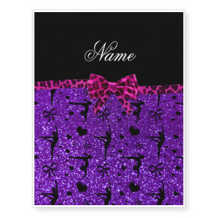 Custom name purple glitter gymnastics pink bow temporary tattoos