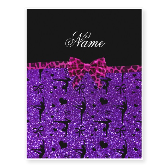 Custom name purple glitter gymnastics pink bow temporary tattoos (Front)