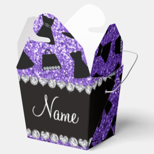 Custom name purple glitter high heels dress purse favor boxes