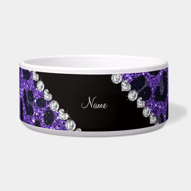 Custom name purple glitter leopard spots bowl (Front)