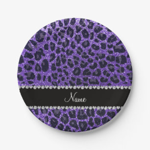 Custom name purple glitter leopard spots paper plates