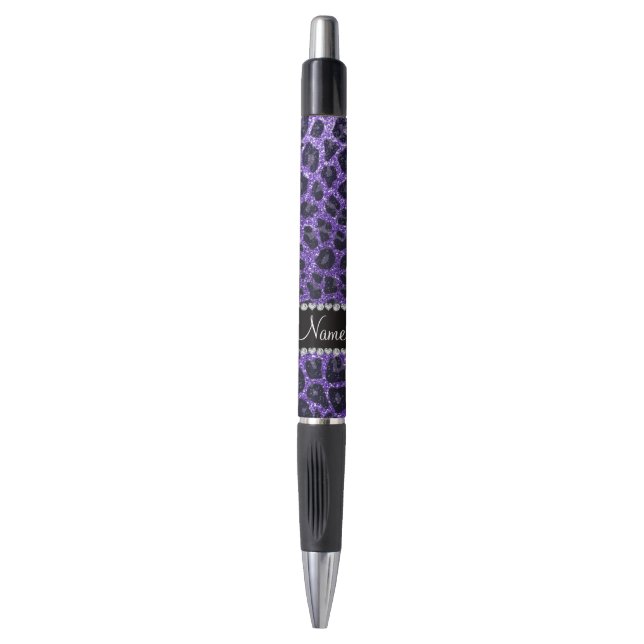 Custom name purple glitter leopard spots pen (Front Vertical)