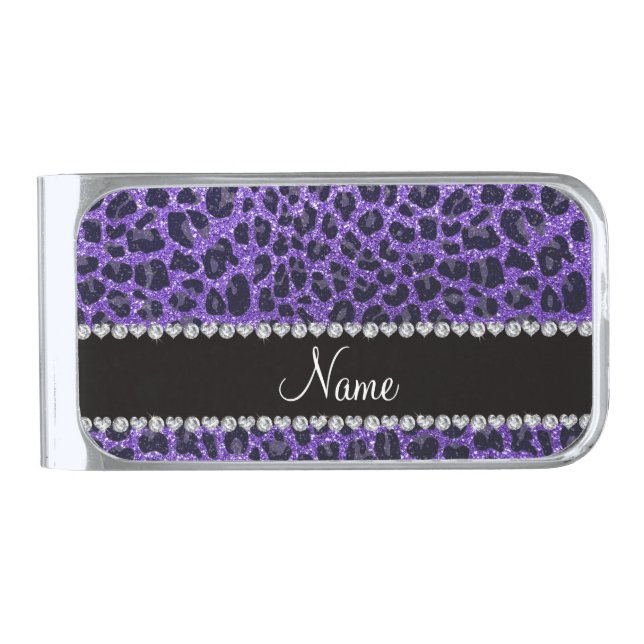Custom name purple glitter leopard spots silver finish money clip (Front)
