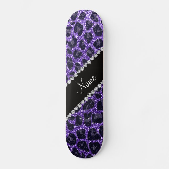 Custom name purple glitter leopard spots skateboard deck (Front)