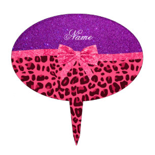 Custom name purple glitter pink leopard bow cake topper