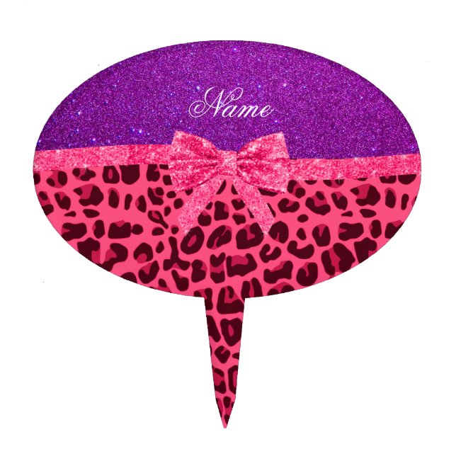 Custom name purple glitter pink leopard bow cake topper (Front)