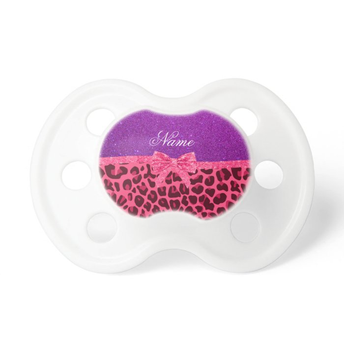 Custom name purple glitter pink leopard bow pacifier