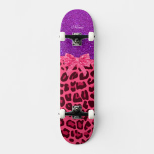 Custom name purple glitter pink leopard bow skateboard deck