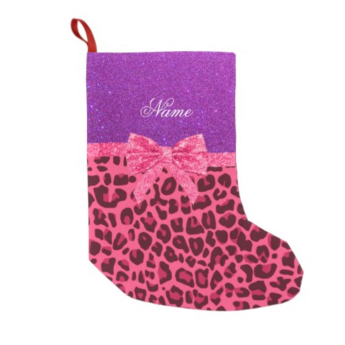 Custom name purple glitter pink leopard bow small christmas stocking
