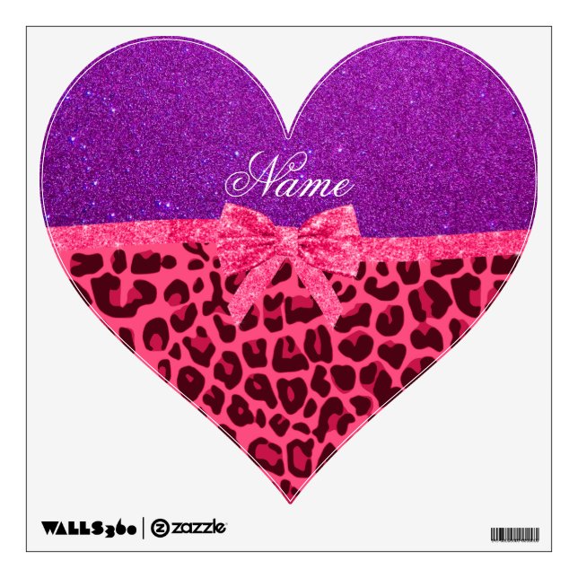Custom name purple glitter pink leopard bow wall sticker (Front)