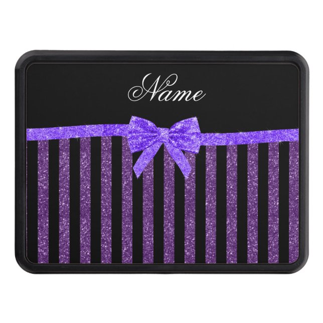 Custom name purple glitter stripes glitter bow trailer hitch cover (Front)