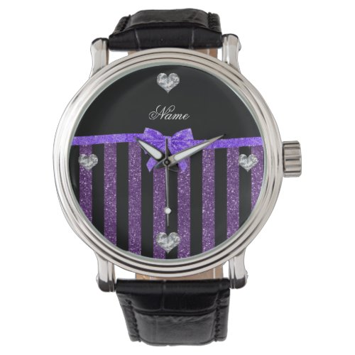 Custom name purple glitter stripes glitter bow watch