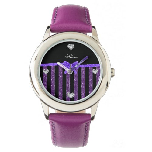 Custom name purple glitter stripes glitter bow watch