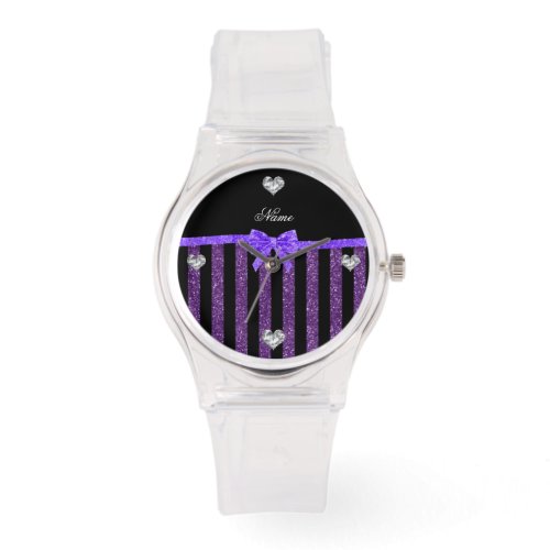 Custom name purple glitter stripes glitter bow watch