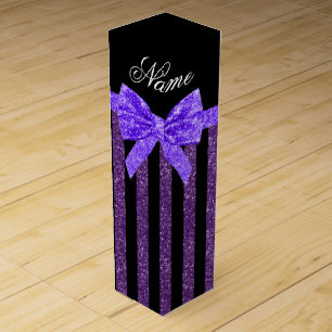 Custom name purple glitter stripes glitter bow wine box