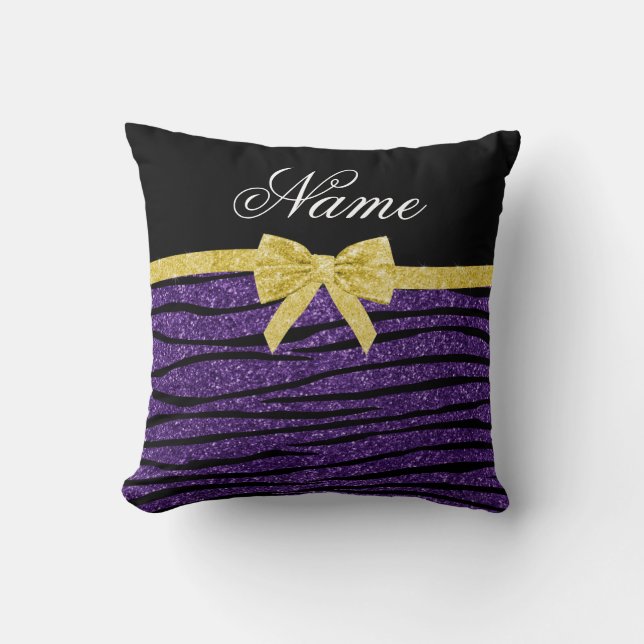 Custom name purple glitter zebra stripes gold bow throw pillow (Front)