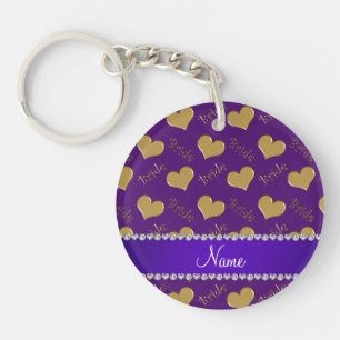 Custom name purple gold bride hearts keychain