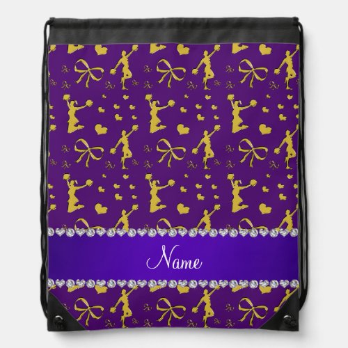 Custom name purple gold cheerleading bows hearts drawstring bag