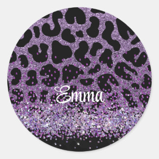 Custom name Purple Leopard glitter  Classic Round Sticker