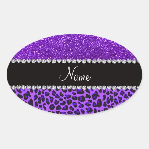 Custom name purple leopard indigo purple glitter oval sticker