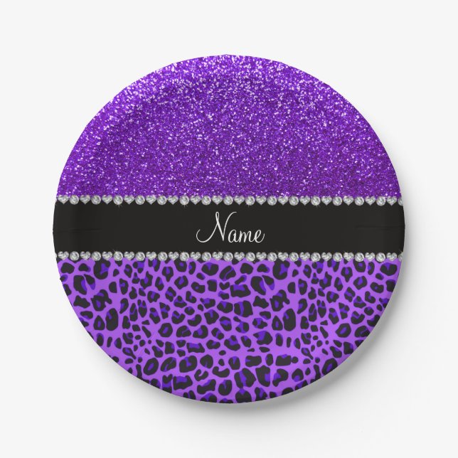 Custom name purple leopard indigo purple glitter paper plates (Front)