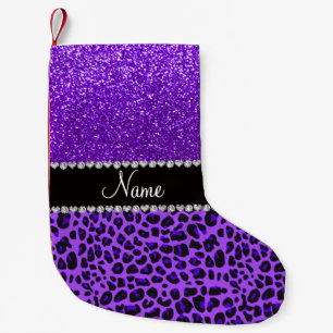 Custom name purple leopard indigo purple glitter small christmas stocking