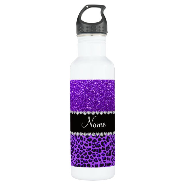 Custom name purple leopard indigo purple glitter water bottle (Front)