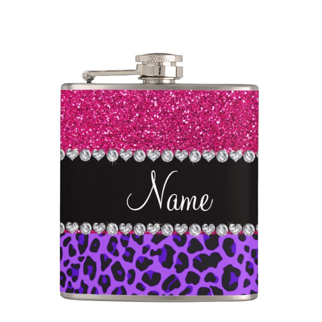 Custom name purple leopard neon hot pink glitter flask (Front)