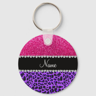 Custom name purple leopard neon hot pink glitter keychain