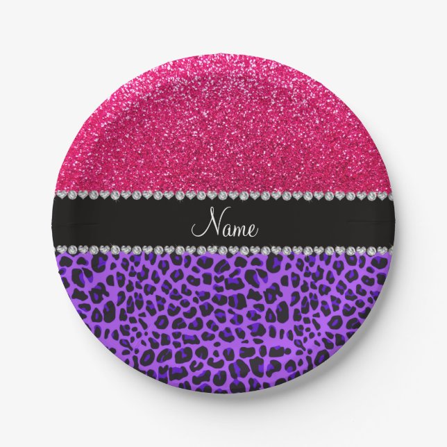 Custom name purple leopard neon hot pink glitter paper plates (Front)