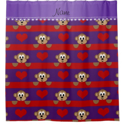 Custom name purple monkeys red hearts stripes shower curtain