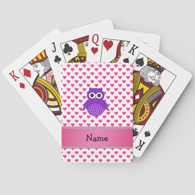 Custom name purple owl pink hearts polka dots poker cards (Back)