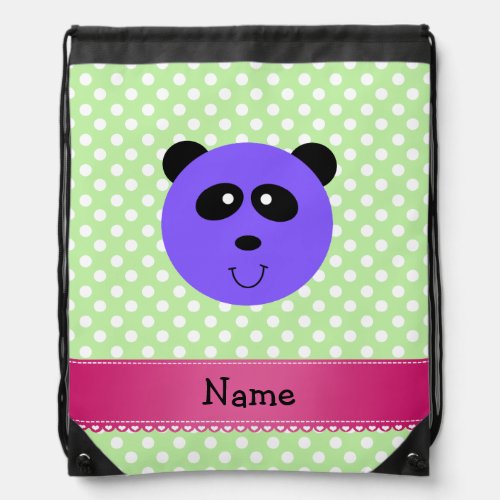 Custom name purple panda face green white dots drawstring bag