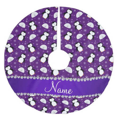 Custom name purple penguins igloos snowflakes brushed polyester tree skirt