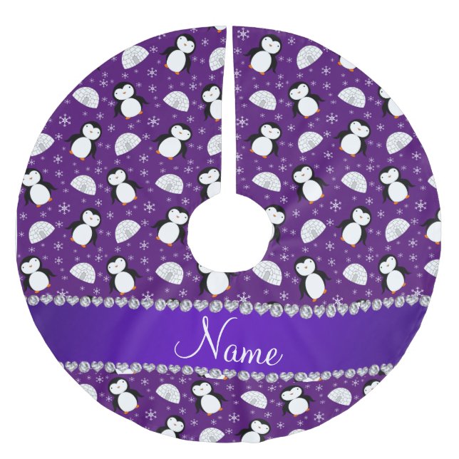 Custom name purple penguins igloos snowflakes brushed polyester tree skirt (Front)