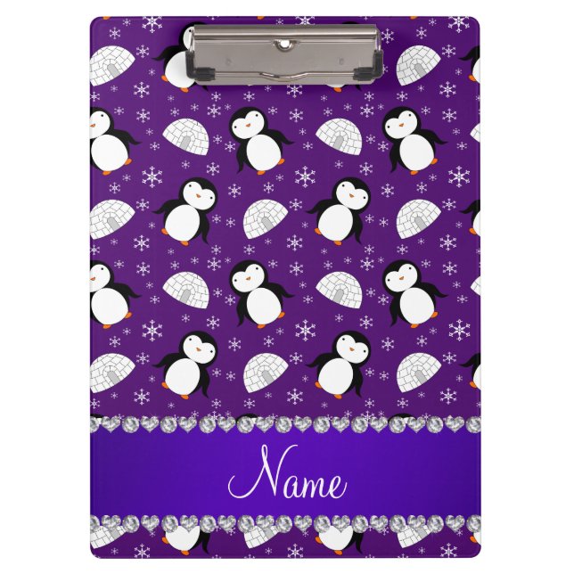 Custom name purple penguins igloos snowflakes clipboard (Front)