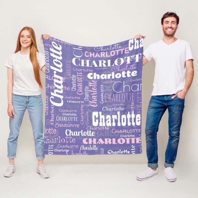 Custom Name Purple Pink Repeating Graffiti Pattern Fleece Blanket (In Situ)