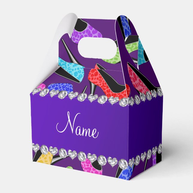 Custom name purple rainbow leopard high heels favor boxes (Front Side)