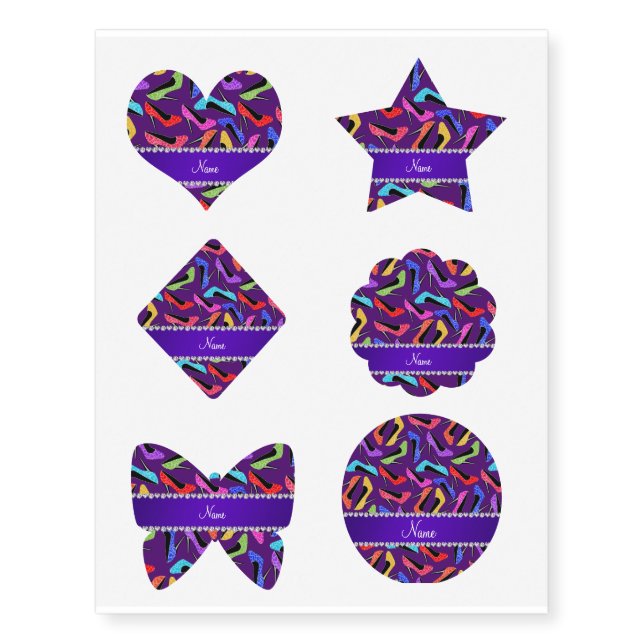Custom name purple rainbow leopard high heels temporary tattoos (Front)