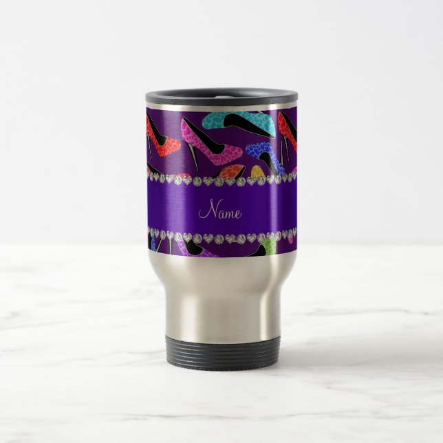 Custom name purple rainbow leopard high heels travel mug (Center)
