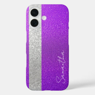 Custom Name Purple & Silver Glitter iPhone 16 Case