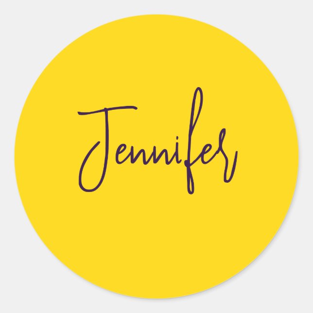 Custom name purple text yellow classic round sticker (Front)