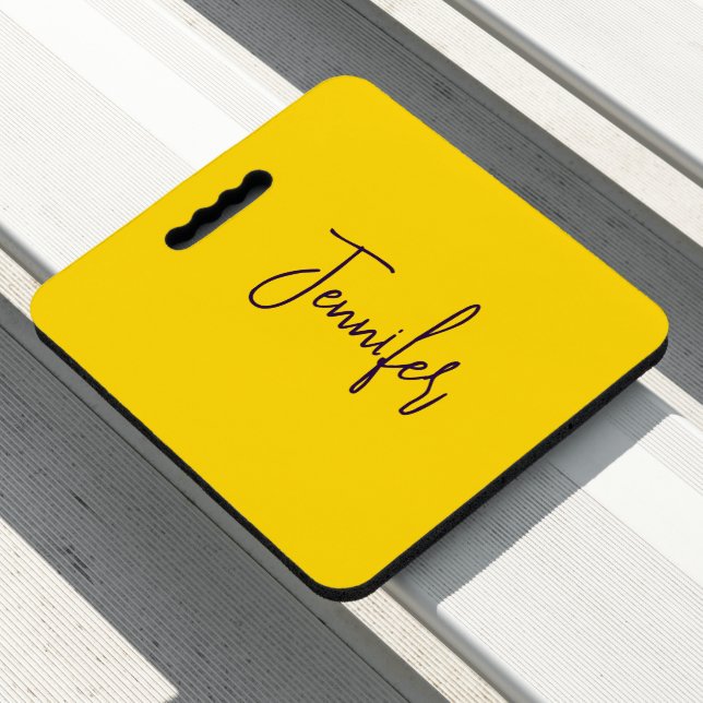 Custom name purple text yellow seat cushion (In Situ)