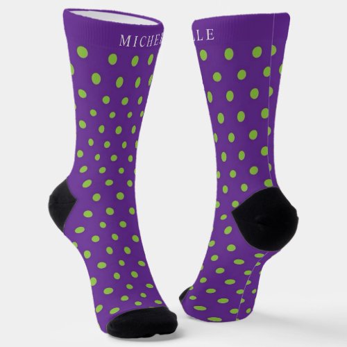 Custom Name Purple violet  Green Polka Dot Socks