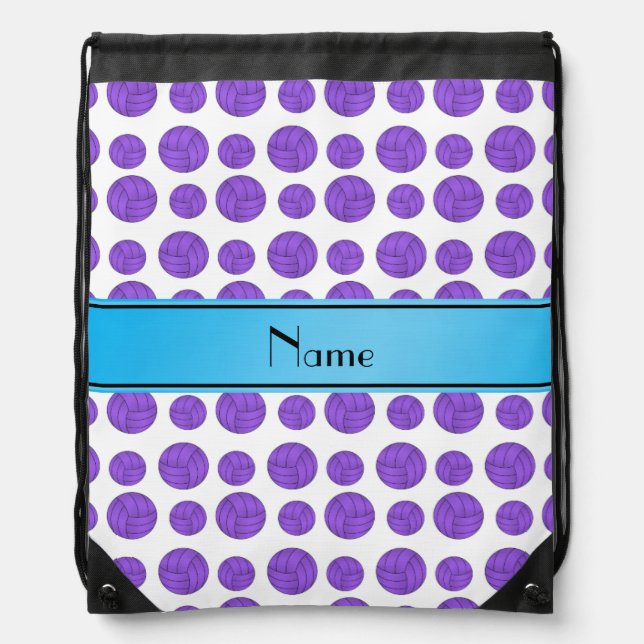 Custom name purple volleyball blue stripe drawstring bag (Front)