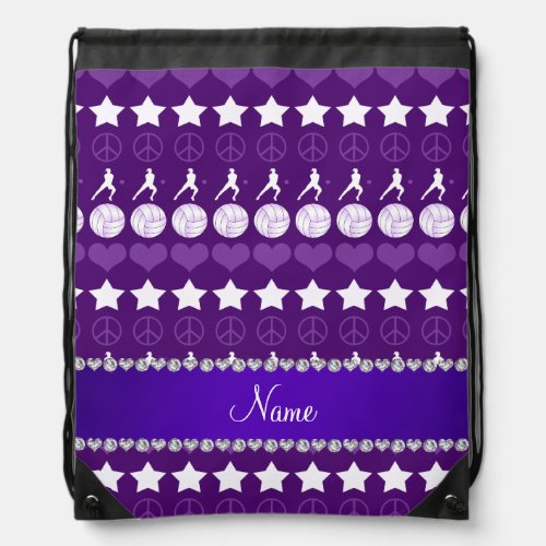 Custom name purple volleyballs stars hearts peace drawstring bag